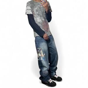 Y2K Double Sleeve AOP Grey Black Red Rose Shirt with Rhinestones